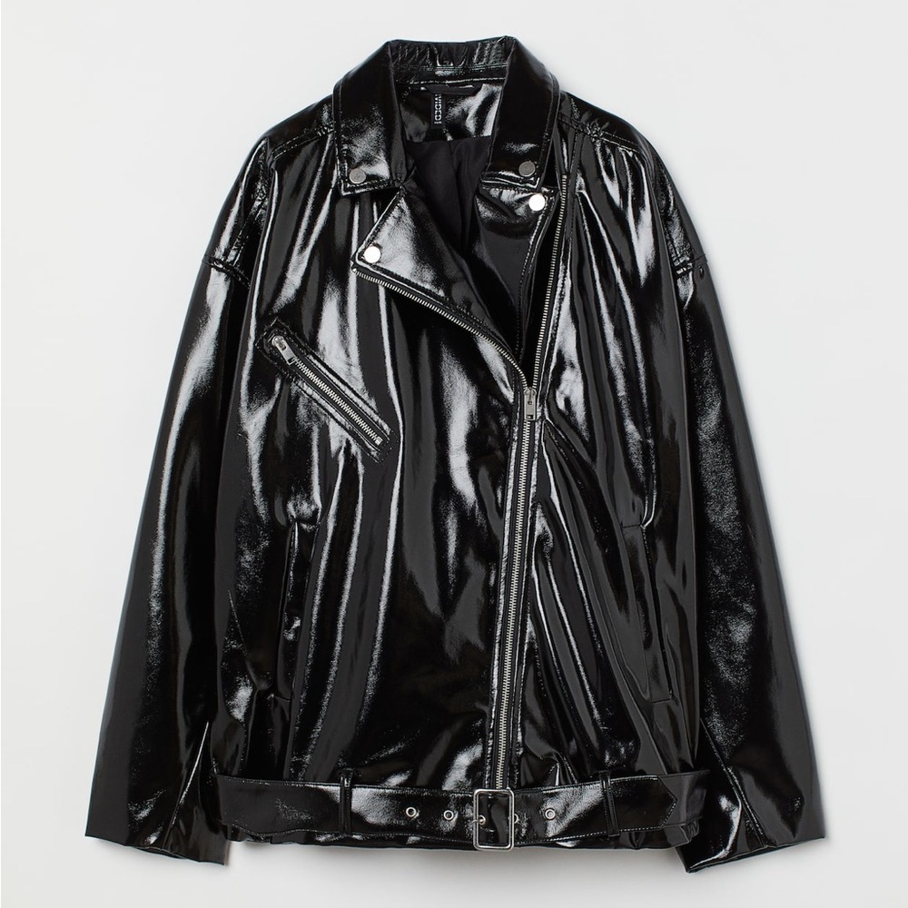 H&M Black Patent Biker Jacket Oversized Small NWT High Shine - Picture 2 of 8